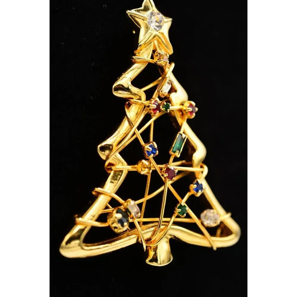 Vintage Christmas Tree Pin Brooch Rhinestone Crystal Wired Gold Holiday BinAP